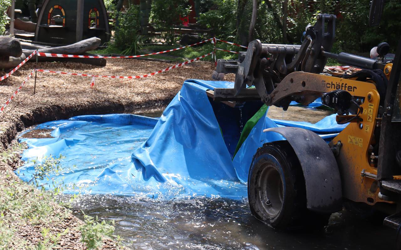 Das kaputte Wasserkissen und ein Bagger im Tierpark Hamm.