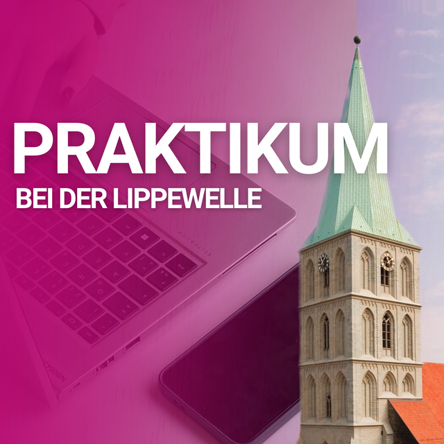 Zu sehen ist eine Hand an einem Laptop, daneben die Pauluskirche dazu der Text: Praktikum bei der Lippewelle