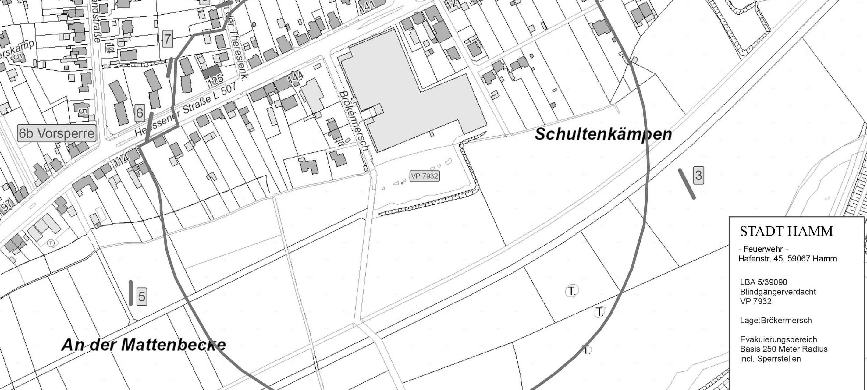 In der Brökermersch liegt eine 150kg Bombe aus dem zweiten Weltkrieg. Ein Radius von 250 Metern muss um den Fundort evakuiert werden.