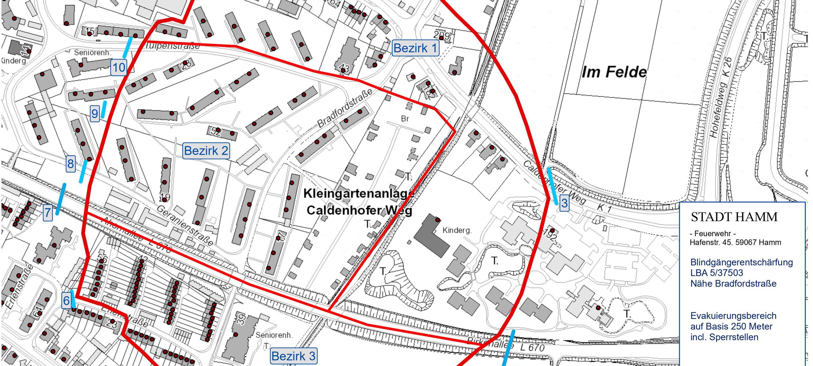 Der Evakurierungsradius nach dem Bombenfund an der Bradfordstraße.