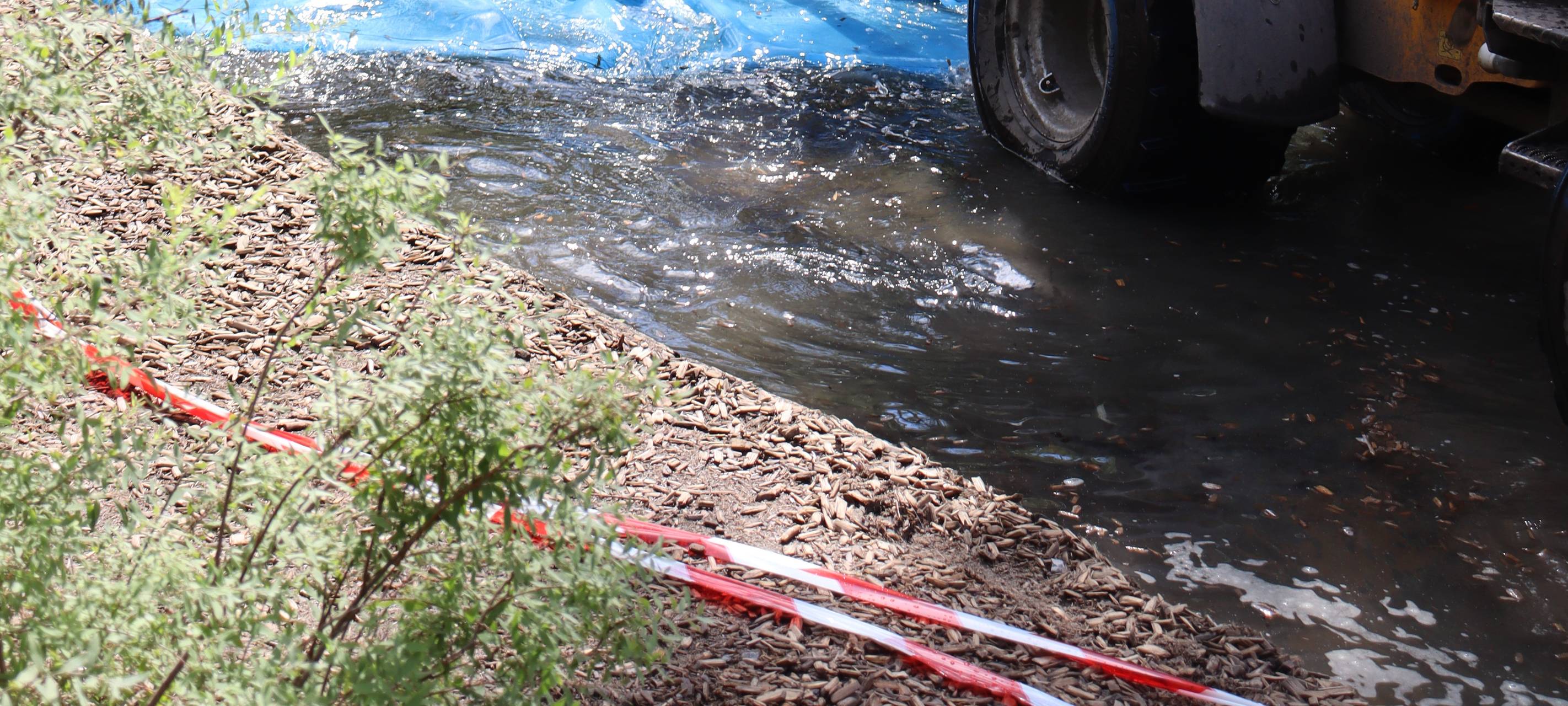 Das kaputte Wasserkissen und ein Bagger im Tierpark Hamm.