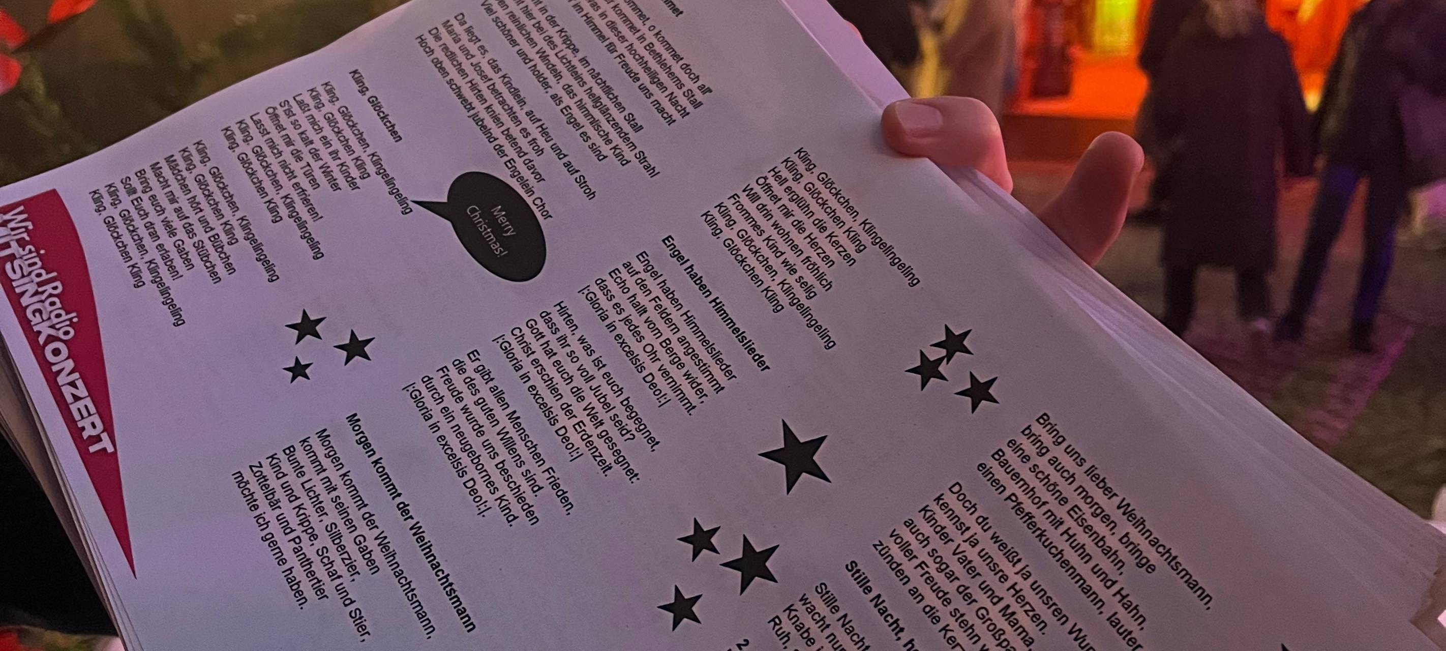 Liedzettel Mitsingkonzert Hammer Weihnachtsmarkt.