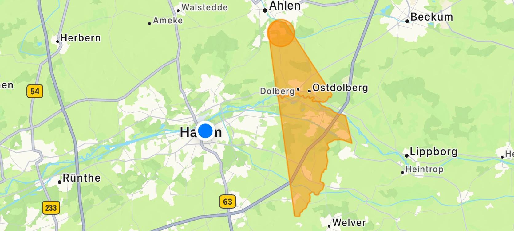 Die Warn-App NINA zeigt die Rauchwolke über Hamm.