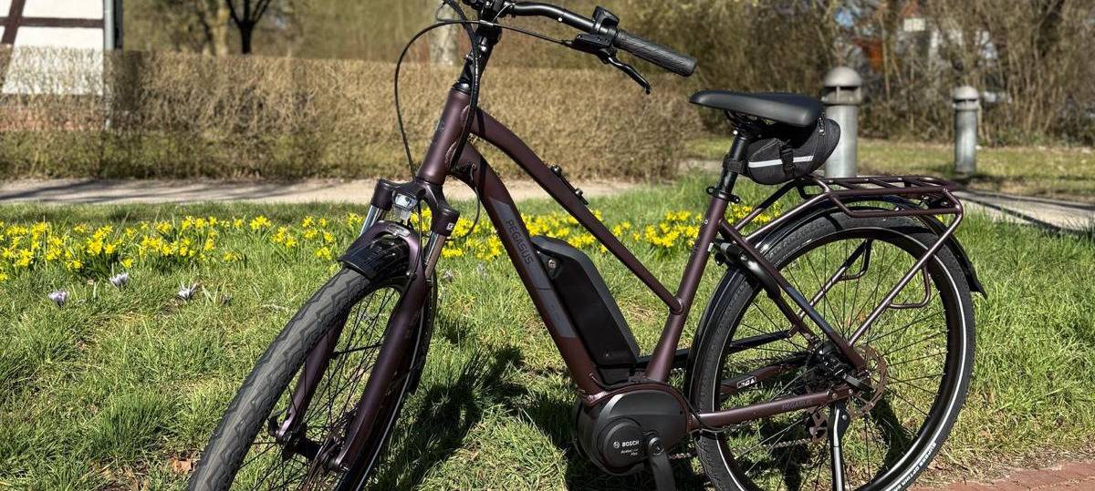Ein dunkles Fahrrad steht vor eine Wiese.
