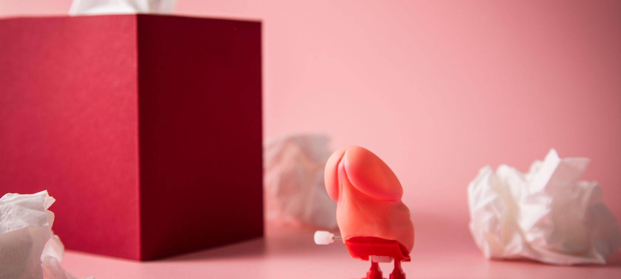 Hüpfpenis steht neben Taschentüchern