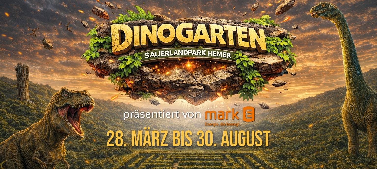 Grafik DinoGarten. Ein T-Rex und ein Brachiosaurus stehen in einem Labyrinth. Dazu der Text: "Dinogarten Sauerlandpark Hemer 28. März bis 30. August"