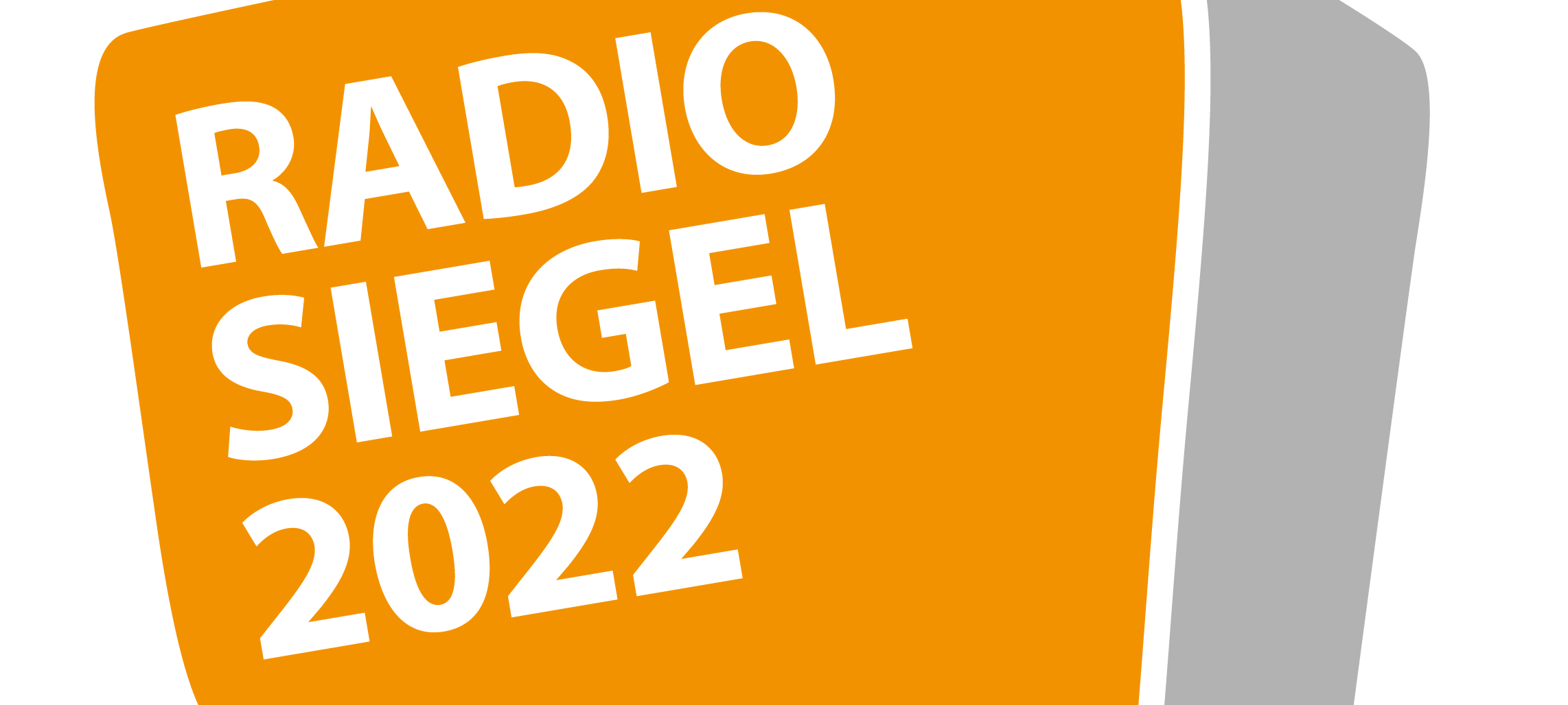 Das Logo des Radiosiegels. Eine Box in Form eines Radios in orange mit der Aufschrift Radiosiegel 2022.