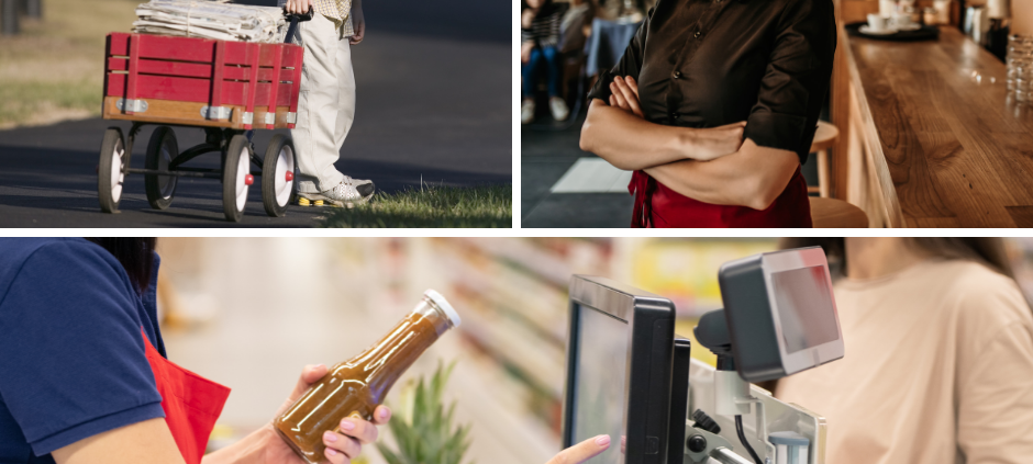 Eine Collage aus Nebenjobs (Gastro, Zeitungen austragen, kassieren)