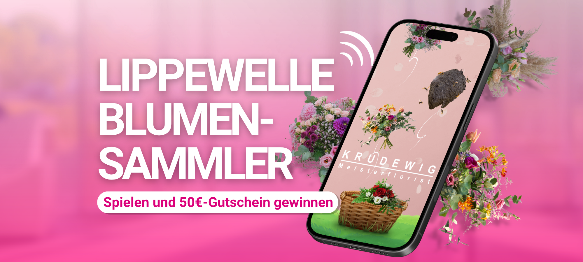 Smartphone zeigt Lippewelle-Blumensammler-Spiel mit bunten Blumensträußen, Korb und Wespennest auf rosa Hintergrund. Text: Lippewelle Blumensammler - Spielen und 50 Euro Gutschein gewinnen. Muttertags-Gewinnspiel Radio Lippewelle Hamm.