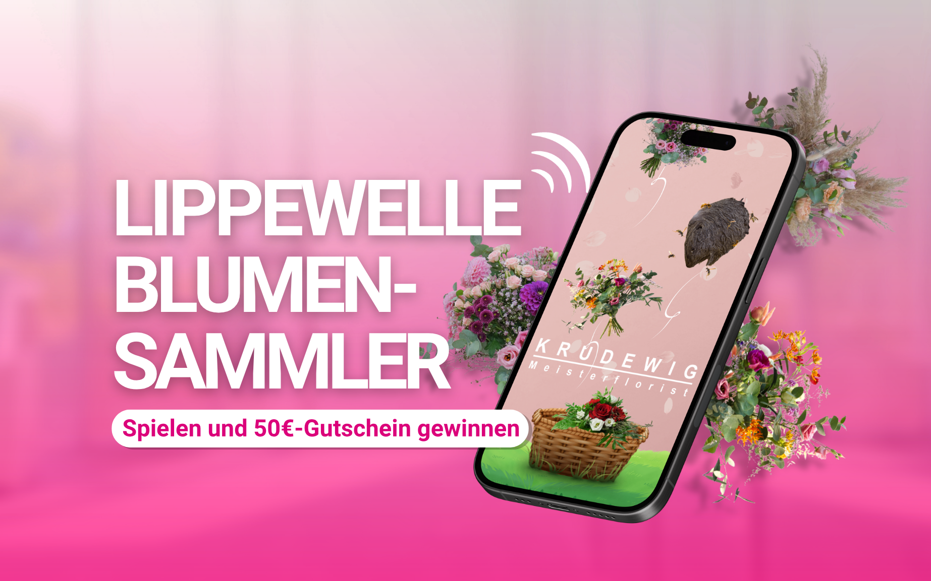 Smartphone zeigt Lippewelle-Blumensammler-Spiel mit bunten Blumensträußen, Korb und Wespennest auf rosa Hintergrund. Text: Lippewelle Blumensammler - Spielen und 50 Euro Gutschein gewinnen. Muttertags-Gewinnspiel Radio Lippewelle Hamm.