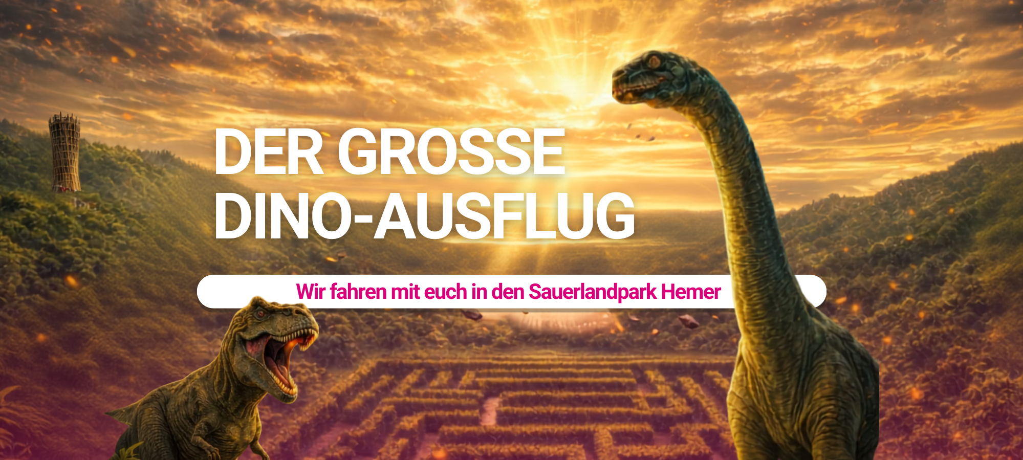 Grafik DinoGarten. Ein T-Rex und ein Brachiosaurus stehen in einem Labyrinth. Dazu der Text: "Der große Dino-Ausflug - wir fahren mit euch in den Sauerlandpark Hemer"